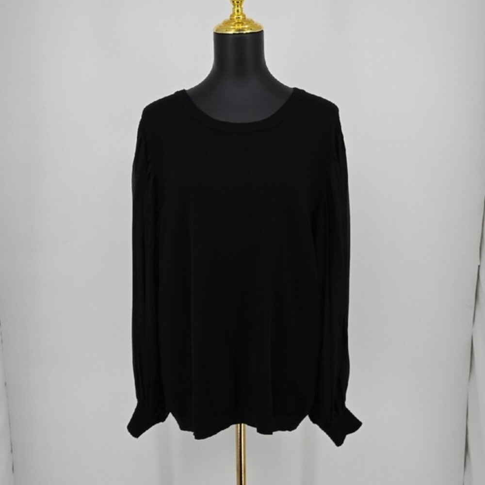 Adrianna Papell Elegant Black Women's Top Balloon Pleated Sheer Sleeves Size XL